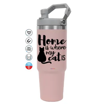 Home is where my cat is!, Pink color, 890ml (30oz) stainless Steel Tumbler with Handle