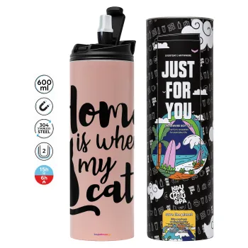 Home is where my cat is!, Tumbler stainless steel PINK 600ml