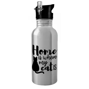 Home is where my cat is!, Παγούρι νερού Ασημένιο με καλαμάκι, ανοξείδωτο ατσάλι 600ml