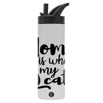 Home is where my cat is!, Metallic thermos bottle with straw & handle, stainless steel (Stainless steel 304), double-walled, 600ml.