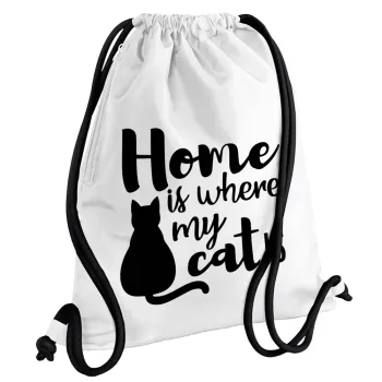 Home is where my cat is!, Backpack pouch GYMBAG white, with pocket (40x48cm) & thick cords