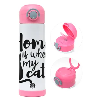 Home is where my cat is!, Children's hot water bottle, stainless steel, with safety straw, PINK (500ml)
