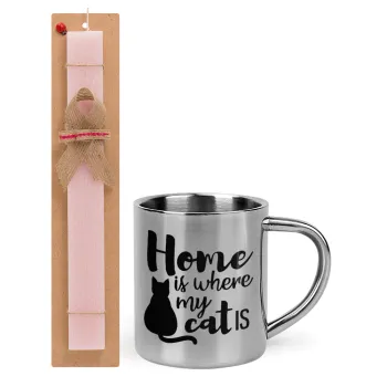 Home is where my cat is!, Easter Set, metallic thermal cup (300ml) & aromatic flat Easter candle (30cm) (PINK)