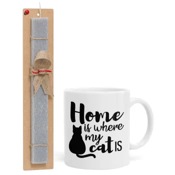 Home is where my cat is!, Πασχαλινή Λαμπάδα με Κούπα κεραμική (330ml) & κερί αρωματικό πλακέ (30cm) (ΓΚΡΙ)