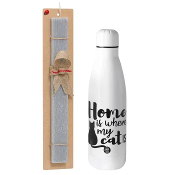 Home is where my cat is!, Easter Set, metallic stainless thermos bottle (500ml) & scented flat Easter candle (30cm) (GRAY)