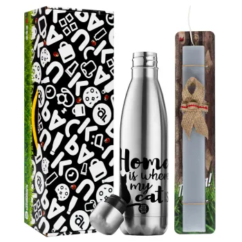 Home is where my cat is!, Easter Set, metallic stainless thermos flask (500ml) & scented flat Easter candle (30cm) (GRAY)