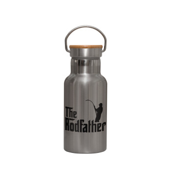 The rodfather, Stainless steel metallic thermos flask, silver with a bamboo lid, double-walled, 350ml.