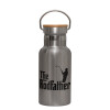 Stainless steel metallic thermos flask, silver with a bamboo lid, double-walled, 350ml.