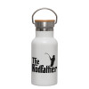 Metallic thermos (Stainless steel) White with wooden lid (bamboo), double-walled, 350ml
