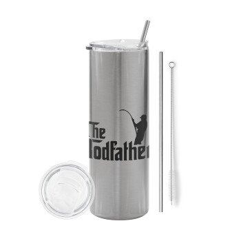 The rodfather, Eco friendly ποτήρι θερμό Ασημένιο (tumbler) από ανοξείδωτο ατσάλι 600ml, με μεταλλικό καλαμάκι & βούρτσα καθαρισμού
