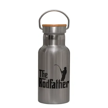 The rodfather, Μεταλλικό παγούρι θερμός (Stainless steel) Ασημένιο με ξύλινο καπακι (bamboo), διπλού τοιχώματος, 350ml