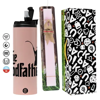 The rodfather, Πασχαλινή Λαμπάδα με  ΡΟΖ Travel Tumbler θερμό (600ml, BPA free) & κερί αρωματικό πλακέ (30cm) (ΡΟΖ)