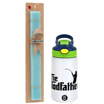 The rodfather, Easter Set, Children's thermal stainless steel bottle with safety straw, green/blue (350ml) & aromatic flat Easter candle (30cm) (TURQUOISE)