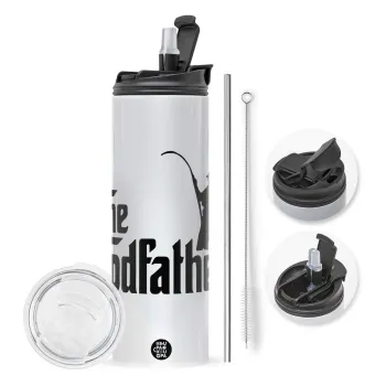 The rodfather, Travel Tumbler 2 Lids, with metal straw & cleaning brush (Stainless steel 304 Food grade, BPA free, 600ml)
