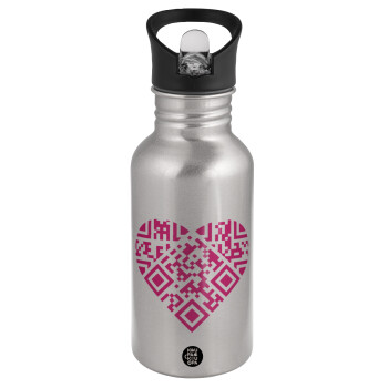 Heart hidden MSG, try me!!!, Water bottle Silver with straw, stainless steel 500ml