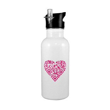 Heart hidden MSG, try me!!!, White water bottle with straw, stainless steel 600ml