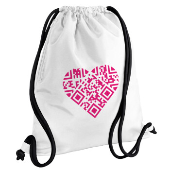 Heart hidden MSG, try me!!!, Τσάντα πλάτης πουγκί GYMBAG λευκή, με τσέπη (40x48cm) & χονδρά κορδόνια