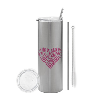 Heart hidden MSG, try me!!!, Eco friendly stainless steel Silver tumbler 600ml, with metal straw & cleaning brush