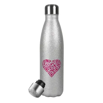 Heart hidden MSG, try me!!!, Metallic Glitter Silver Thermos Flask (Stainless steel), double-walled, 500ml