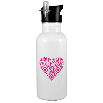 Heart hidden MSG, try me!!!, White water bottle with straw, stainless steel 600ml