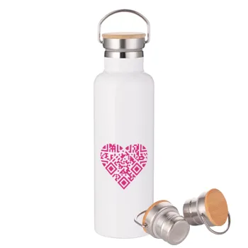Heart hidden MSG, try me!!!, Stainless steel White with wooden lid (bamboo), double wall, 750ml