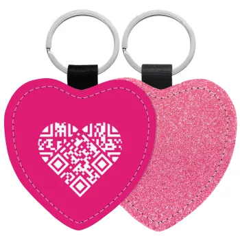 Heart hidden MSG, try me!!!, Μπρελόκ PU δερμάτινο glitter καρδιά ΡΟΖ