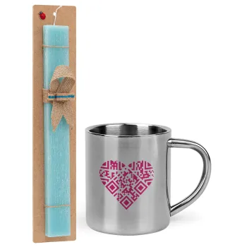 Heart hidden MSG, try me!!!, Easter Set, metallic thermal cup (300ml) & aromatic flat Easter candle (30cm) (TURQUOISE)