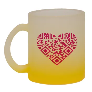 Heart hidden MSG, try me!!!, Κούπα γυάλινη δίχρωμη με βάση το κίτρινο ματ, 330ml