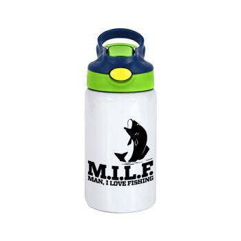 M.I.L.F. Mam i love fishing, Children's hot water bottle, stainless steel, with safety straw, green, blue (350ml)
