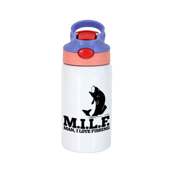 M.I.L.F. Mam i love fishing, Children's hot water bottle, stainless steel, with safety straw, pink/purple (350ml)