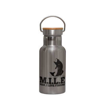 M.I.L.F. Mam i love fishing, Stainless steel metallic thermos flask, silver with a bamboo lid, double-walled, 350ml.