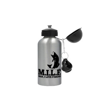 M.I.L.F. Mam i love fishing, Metallic water jug, Silver, aluminum 500ml