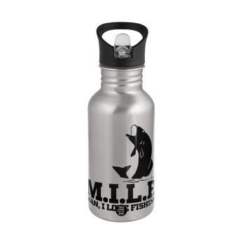 M.I.L.F. Mam i love fishing, Water bottle Silver with straw, stainless steel 500ml
