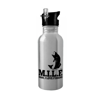 M.I.L.F. Mam i love fishing, Water bottle Silver with straw, stainless steel 600ml