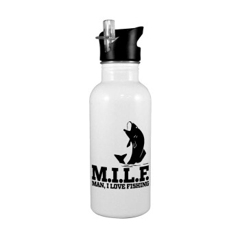 M.I.L.F. Mam i love fishing, White water bottle with straw, stainless steel 600ml