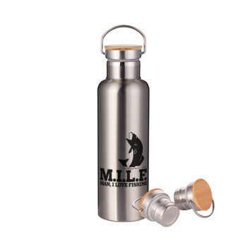M.I.L.F. Mam i love fishing, Stainless steel Silver with wooden lid (bamboo), double wall, 750ml