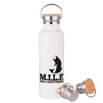 M.I.L.F. Mam i love fishing, Stainless steel White with wooden lid (bamboo), double wall, 750ml