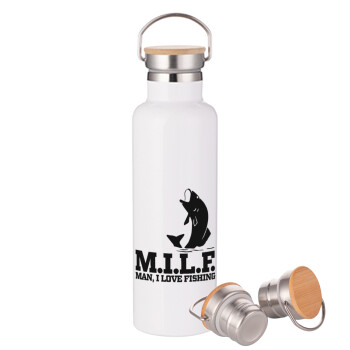 M.I.L.F. Mam i love fishing, Μεταλλικό παγούρι θερμός (Stainless steel) Λευκό με ξύλινο καπάκι (bamboo), διπλού τοιχώματος, 750ml
