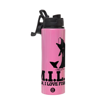 M.I.L.F. Mam i love fishing, Μεταλλικό παγούρι νερού με καπάκι ασφαλείας, αλουμινίου 850ml