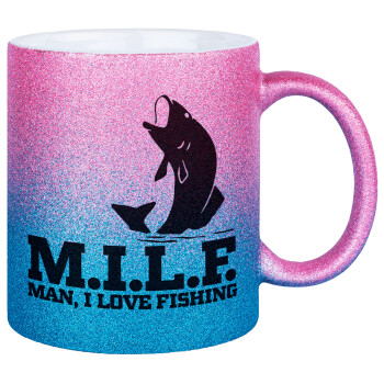 M.I.L.F. Mam i love fishing, Κούπα Χρυσή/Μπλε Glitter, κεραμική, 330ml