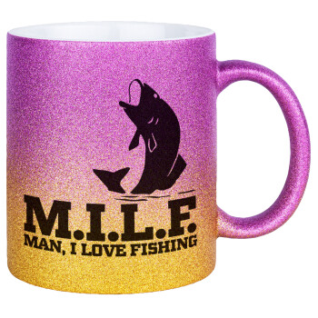 M.I.L.F. Mam i love fishing, Κούπα Χρυσή/Ροζ Glitter, κεραμική, 330ml