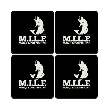 M.I.L.F. Mam i love fishing, ΣΕΤ 4 Σουβέρ ξύλινα τετράγωνα (9cm)