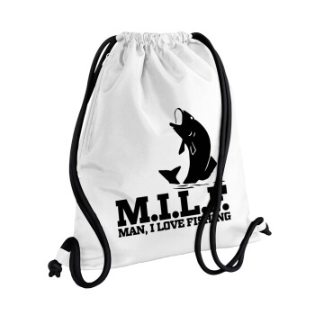 M.I.L.F. Mam i love fishing, Τσάντα πλάτης πουγκί GYMBAG λευκή, με τσέπη (40x48cm) & χονδρά κορδόνια
