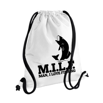 M.I.L.F. Mam i love fishing, Backpack pouch GYMBAG white, with pocket (40x48cm) & thick cords