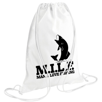 M.I.L.F. Mam i love fishing, Τσάντα πλάτης πουγκί GYMBAG λευκή (28x40cm)