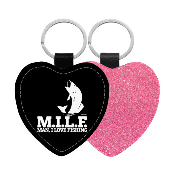 M.I.L.F. Mam i love fishing, Μπρελόκ PU δερμάτινο glitter καρδιά ΡΟΖ