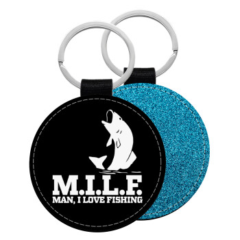 M.I.L.F. Mam i love fishing, Μπρελόκ Δερματίνη, στρογγυλό ΜΠΛΕ (5cm)