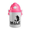 M.I.L.F. Mam i love fishing, Ροζ παιδικό παγούρι πλαστικό (BPA-FREE) με καπάκι ασφαλείας, κορδόνι και καλαμάκι, 400ml
