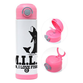 M.I.L.F. Mam i love fishing, Children's hot water bottle, stainless steel, with safety straw, PINK (500ml)