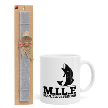 M.I.L.F. Mam i love fishing, Πασχαλινή Λαμπάδα με Κούπα κεραμική (330ml) & κερί αρωματικό πλακέ (30cm) (ΓΚΡΙ)